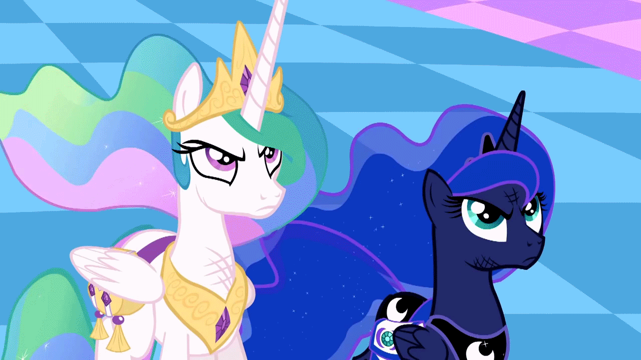Size: 1280x720 | Tagged: safe, screencap, character:princess celestia, character:princess luna, species:alicorn, species:pony, episode:princess twilight sparkle, g4, my little pony: friendship is magic, angry, animated, bag, blinking, bruised, celestia is not amused, chestplate, crown, duo, ethereal mane, female, flowing mane, flowing tail, folded wings, frown, glare, jewelry, looking up, luna is not amused, mare, multicolored hair, plunder seeds, regalia, royal sisters, saddle bag, siblings, sisters, unamused, wings