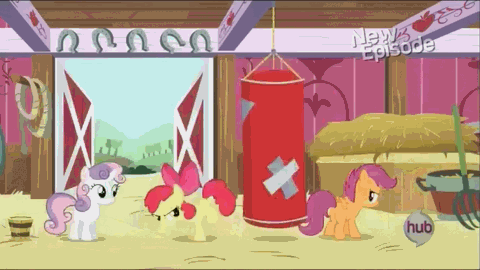Size: 480x270 | Tagged: safe, screencap, character:apple bloom, character:scootaloo, character:sweetie belle, species:pegasus, species:pony, episode:flight to the finish, g4, my little pony: friendship is magic, animated, bucket, cutie mark crusaders, expressive bow, hub logo, hubble, punching bag, the hub