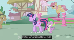 Size: 571x308 | Tagged: safe, screencap, character:dizzy twister, character:mr. greenhooves, character:orange swirl, character:spike, character:twilight sparkle, episode:boast busters, g4, my little pony: friendship is magic, background pony, meme, youtube caption