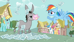 Size: 960x540 | Tagged: safe, screencap, character:dizzy twister, character:helia, character:orange swirl, character:rainbow dash, character:white lightning, species:mule, species:pegasus, species:pony, episode:hurricane fluttershy, g4, my little pony: friendship is magic, bucktooth, cletus, female, hybrid, male, mare, raincloud