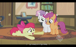 Size: 640x400 | Tagged: safe, screencap, character:apple bloom, character:scootaloo, character:sweetie belle, species:pegasus, species:pony, episode:family appreciation day, g4, my little pony: friendship is magic, cutie mark crusaders, youtube caption