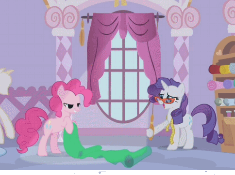 Size: 484x362 | Tagged: safe, screencap, character:pinkie pie, character:rarity, episode:suited for success, g4, my little pony: friendship is magic, animated, bipedal, curtains, duo, glasses, loop, measuring tape, messy mane, rarity's glasses, reversed, sunlight