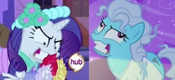 Size: 550x253 | Tagged: safe, screencap, character:rarity, character:screw loose, episode:a canterlot wedding, episode:read it and weep, g4, my little pony: friendship is magic, comparison, faec, hub logo, insanity, rarisnap