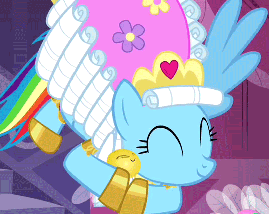 Size: 538x428 | Tagged: safe, screencap, character:rainbow dash, episode:swarm of the century, g4, my little pony: friendship is magic, animated, clothing, cropped, cuddling, cute, dashabetes, dashie antoinette, giant hat, happy, hat, hug, mare antoinette, parasprite, powdered wig, rainbow dash always dresses in style, snuggling, wig