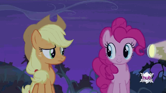 Size: 576x324 | Tagged: safe, screencap, character:applejack, character:pinkie pie, species:earth pony, species:pony, episode:bats!, g4, my little pony: friendship is magic, animated, derp, flashlight (object), floppy ears, hub logo, hubble, light, night, prehensile mane, shrunken pupils, silly, silly pony, spinning eyes, the hub, walking, who's a silly pony