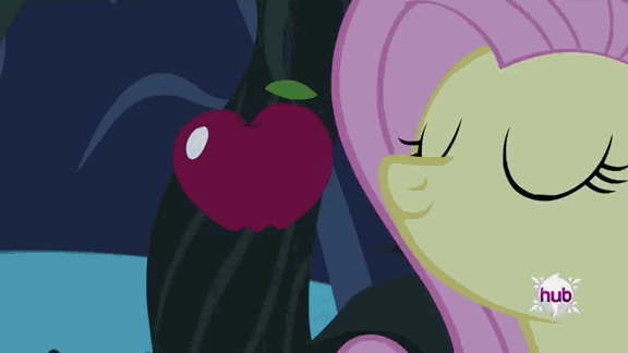 Size: 576x324 | Tagged: safe, screencap, character:fluttershy, character:pinkie pie, episode:bats!, g4, my little pony: friendship is magic, animated, apple, flashlight (object), hub logo, hubble, light, night, prehensile mane, smelling, sniffing, the hub, tree, tree branch