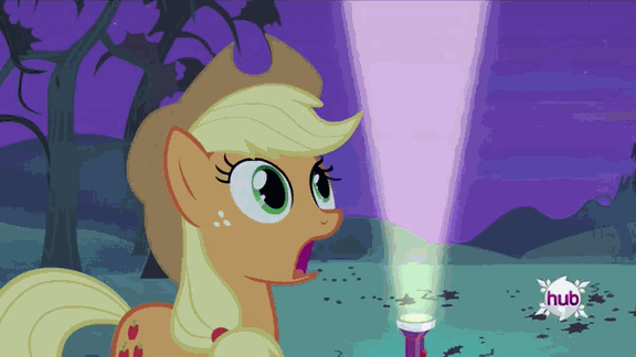 Size: 576x324 | Tagged: safe, screencap, character:applejack, character:twilight sparkle, character:twilight sparkle (alicorn), species:alicorn, species:earth pony, species:pony, episode:bats!, g4, my little pony: friendship is magic, animated, female, flashlight (object), hub logo, hubble, mare, product placement, the hub