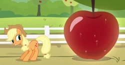 Size: 758x395 | Tagged: safe, screencap, character:applejack, species:earth pony, species:pony, episode:bats!, g4, my little pony: friendship is magic, apple, female, giant apple, giant produce, mare, out of context, smiling, solo