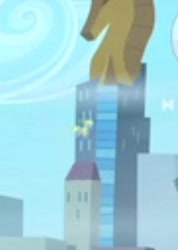 Size: 272x383 | Tagged: safe, screencap, species:pegasus, species:pony, episode:rarity takes manehattan, g4, my little pony: friendship is magic, background pony, crystaller building, female, flying, manehattan, mare, not derpy, ritzy doo, solo