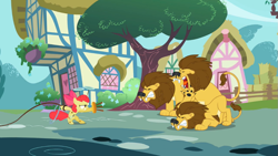 Size: 969x545 | Tagged: safe, screencap, character:apple bloom, episode:the cutie pox, g4, my little pony: friendship is magic, big cat, lion, lion tamer, loop-de-hoop, plate spinning, stool, whip