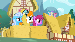 Size: 969x545 | Tagged: safe, screencap, character:alula, character:aura, character:berry punch, character:berryshine, character:linky, character:pluto, character:ruby pinch, character:shoeshine, species:earth pony, species:pony, episode:the cutie pox, g4, my little pony: friendship is magic, aurabetes, awwlula, berrybetes, cloudwalker, cute, female, filly, hazel harvest, hazelbetes, hazmat suit, linkybetes, mare, pinchybetes, pluto