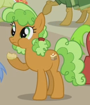 Size: 187x217 | Tagged: safe, screencap, character:apple brown betty, character:apple cinnamon, character:apple strudel, character:granny smith, species:earth pony, species:pony, episode:apple family reunion, g4, my little pony: friendship is magic, apple family member, background pony, cropped, eating, female, mare, puffy cheeks, solo, solo focus