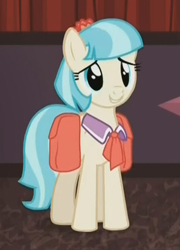 Size: 428x593 | Tagged: safe, screencap, character:coco pommel, episode:rarity takes manehattan, g4, my little pony: friendship is magic, cocobetes, cute, grin, moe, saddle bag, smiling, solo, standing