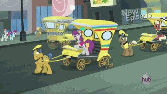 Size: 576x324 | Tagged: safe, screencap, character:beaude mane, character:neigh sayer, character:pinot noir, character:ruby splash, species:earth pony, species:pony, episode:rarity takes manehattan, g4, my little pony: friendship is magic, animated, background pony, broken wheel, female, fortune favors, hub logo, hubble, male, manehattan, mare, new episode, pronto, stallion, taxi, the hub, unnamed pony