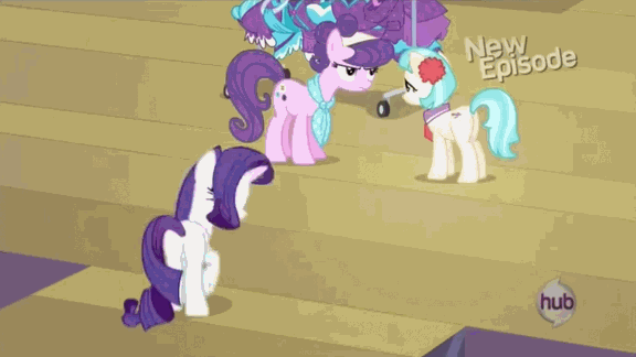 Size: 576x324 | Tagged: safe, screencap, character:coco pommel, character:rarity, character:suri polomare, episode:rarity takes manehattan, g4, my little pony: friendship is magic, animated, hub logo, hubble, the hub