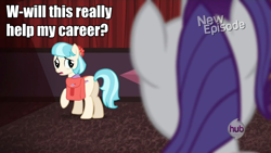Size: 960x540 | Tagged: safe, screencap, character:coco pommel, character:rarity, episode:rarity takes manehattan, g4, my little pony: friendship is magic, bend over, image macro, saddle bag