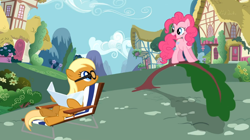 Size: 1054x592 | Tagged: safe, screencap, character:apple cobbler, character:pinkie pie, species:pony, episode:a friend in deed, g4, my little pony: friendship is magic, apple family member, female, glasses, mare, sunbathing, tanning, tanning mirror, tree