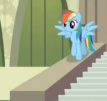 Size: 362x345 | Tagged: safe, screencap, character:rainbow dash, species:pegasus, species:pony, episode:rarity takes manehattan, g4, my little pony: friendship is magic, animated, cute, dashabetes, female, gif, manehattan, maneway station, mare, open mouth, smiling, solo, spread wings, trotting, wings