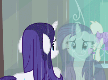 Size: 350x262 | Tagged: safe, screencap, character:rarity, episode:rarity takes manehattan, g4, my little pony: friendship is magic, animated, clothing, dress, rain, reflection, solo, wet, wet mane, wet mane rarity, window