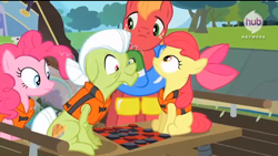 Size: 638x360 | Tagged: safe, screencap, character:apple bloom, character:big mcintosh, character:granny smith, character:pinkie pie, species:earth pony, species:pony, episode:pinkie apple pie, g4, my little pony: friendship is magic, male, stallion