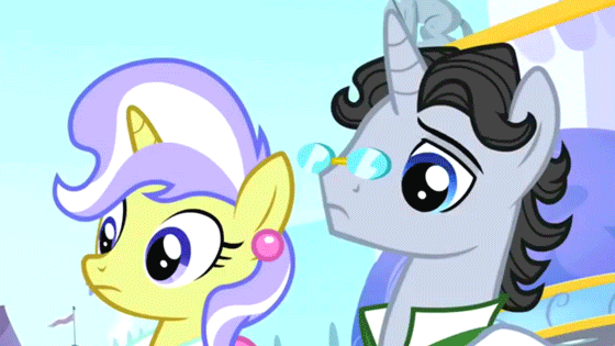 Size: 560x315 | Tagged: safe, screencap, character:jet set, character:upper crust, episode:sweet and elite, g4, my little pony: friendship is magic, animated, blinking, duo, glasses, looking at each other, loop, reaction image, skunk stripe