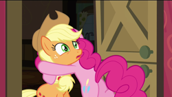 Size: 1920x1080 | Tagged: safe, screencap, character:applejack, character:pinkie pie, species:pony, episode:pinkie apple pie, g4, my little pony: friendship is magic, female, hug, mare, nervous, plot