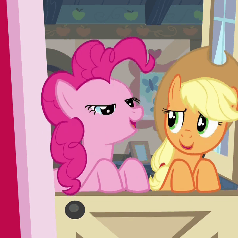Size: 800x800 | Tagged: safe, screencap, character:applejack, character:pinkie pie, episode:pinkie apple pie, g4, my little pony: friendship is magic, animated, hoof in mouth, hoofjack, scrunchy face, shut up, stfu