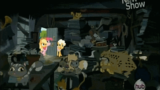 Size: 512x288 | Tagged: safe, screencap, character:applejack, character:goldie delicious, character:pinkie pie, episode:pinkie apple pie, g4, my little pony: friendship is magic, animal, animated, bell, bell collar, cat, cheetah, clutter, collar, crazy cat lady, derp, dotty, goldie delicious' cats, goldie delicious' house, hoard, hoarder, hub logo, hubble, siamese cat, the hub, too many cats, trash