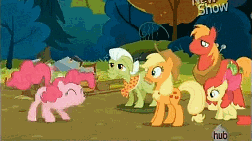 Size: 512x288 | Tagged: safe, screencap, character:apple bloom, character:applejack, character:big mcintosh, character:granny smith, character:pinkie pie, species:earth pony, species:pony, episode:pinkie apple pie, g4, my little pony: friendship is magic, animated, hub logo, hubble, male, stallion, the hub