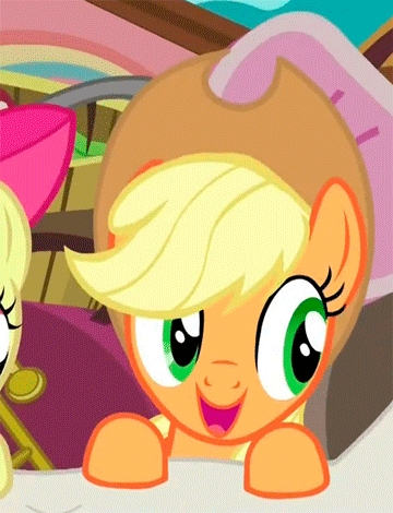 Size: 360x470 | Tagged: safe, screencap, character:apple bloom, character:applejack, species:earth pony, species:pony, episode:pinkie apple pie, g4, my little pony: friendship is magic, animated, cute, female, filly, gif, happy, headbob, hnnng, jackabetes, loop, mare, open mouth, smiling, solo focus, weapons-grade cute
