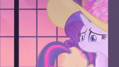 Size: 412x232 | Tagged: safe, screencap, character:pinkie pie, character:rarity, character:twilight sparkle, episode:sweet and elite, g4, my little pony: friendship is magic, animated, birthday dress, clothing, dress, hat