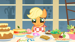 Size: 1054x593 | Tagged: safe, screencap, character:applejack, episode:a bird in the hoof, g4, my little pony: friendship is magic, bib, buffet, food, hors d'oeuvre, solo, table