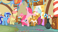 Size: 1054x592 | Tagged: safe, screencap, character:apple cobbler, character:berry punch, character:berryshine, character:gala appleby, character:minuette, character:pink lady, character:pinkie pie, episode:a bird in the hoof, g4, my little pony: friendship is magic, apple family member, cartwheel, kick