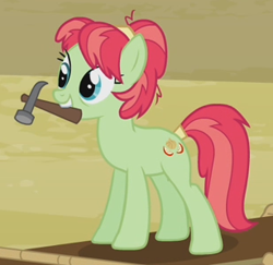 Size: 307x298 | Tagged: safe, screencap, character:apple dumpling, species:earth pony, species:pony, episode:apple family reunion, g4, my little pony: friendship is magic, apple family member, background pony, cropped, female, hammer, mare, mouth hold, solo