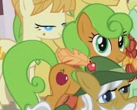 Size: 137x110 | Tagged: safe, screencap, character:apple strudel, character:aunt orange, character:candy apples, character:uncle orange, species:earth pony, species:pony, episode:apple family reunion, g4, my little pony: friendship is magic, apple family member, apple top, background pony, cropped, female, mare, solo focus