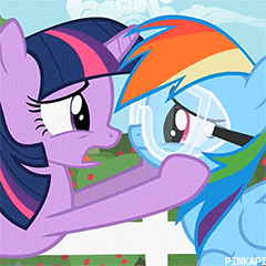 Size: 240x240 | Tagged: safe, screencap, character:rainbow dash, character:twilight sparkle, episode:lesson zero, g4, my little pony: friendship is magic, animated, cropped, duo, face grab, safety goggles, talking