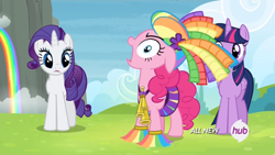 Size: 1440x810 | Tagged: safe, screencap, character:pinkie pie, character:rarity, character:twilight sparkle, character:twilight sparkle (alicorn), species:alicorn, species:pony, episode:rainbow falls, g4, my little pony: friendship is magic, cheerleader outfit, cheerleader pinkie, clothing, skirt, yelling