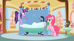 Size: 1054x592 | Tagged: safe, screencap, character:gummy, character:pinkie pie, character:twilight sparkle, episode:feeling pinkie keen, g4, my little pony: friendship is magic, bath, behaving like a cat, pinkie cat, scruff, twilight cat