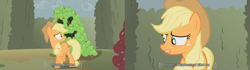 Size: 1272x356 | Tagged: safe, screencap, character:applejack, species:earth pony, species:pony, episode:the return of harmony, g4, my little pony: friendship is magic, apple, canterlot hedge maze, female, food, keepers of the grove of truth, mare, youtube caption