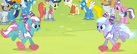 Size: 453x178 | Tagged: safe, screencap, character:blaze, character:carrot top, character:derpy hooves, character:dizzy twister, character:golden harvest, character:lemon hearts, character:lilac sky, character:orange swirl, character:sassaflash, character:soarin', character:spitfire, character:spring step, character:sunlight spring, character:surprise, character:white lightning, species:pegasus, species:pony, episode:rainbow falls, g4, my little pony: friendship is magic, abradacanter, animated, animation error, background pony, balloon skies, bipedal, cartwheel, cheerleader, clothing, eyes closed, female, handstand, happy, haymaker, lemoncorn, male, mare, missing cutie mark, open mouth, peachy swoop, race swap, skirt, smiling, stallion, talking, unnamed pony