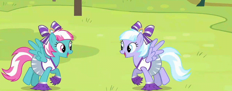 Size: 947x373 | Tagged: safe, screencap, character:lilac sky, character:spring step, character:sunlight spring, episode:rainbow falls, g4, my little pony: friendship is magic, animated, cheerleader, clothing, skirt