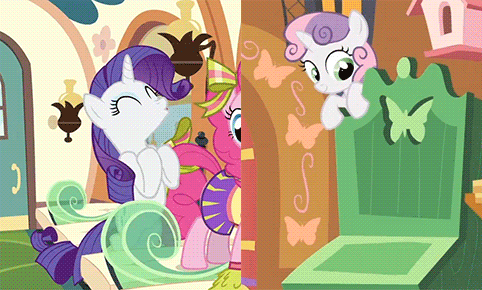 Size: 482x290 | Tagged: safe, screencap, character:pinkie pie, character:rarity, character:sweetie belle, species:earth pony, species:pony, species:unicorn, episode:rainbow falls, g4, my little pony: friendship is magic, animated, behaving like a cat, clothing, comparison, cute, diasweetes, eyes closed, female, filly, kitty belle, mare, open mouth, raribetes, raricat, sisters, skirt, smiling