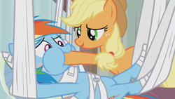 Size: 1920x1080 | Tagged: safe, screencap, character:applejack, character:rainbow dash, episode:rainbow falls, g4, my little pony: friendship is magic, feignbow dash, force feeding, hoof in mouth, hoofjack, hooves, hospital
