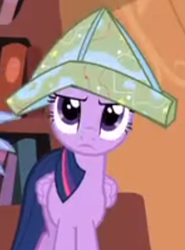 Size: 295x398 | Tagged: safe, screencap, character:twilight sparkle, character:twilight sparkle (alicorn), species:alicorn, species:pony, episode:three's a crowd, g4, my little pony: friendship is magic, cartographer's cap, clothing, female, hat, map, mare, paper hat, solo