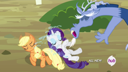 Size: 1280x720 | Tagged: safe, screencap, character:applejack, character:discord, character:rarity, episode:three's a crowd, g4, my little pony: friendship is magic, blue flu, hub logo, hubble, sneezing, spit, the hub