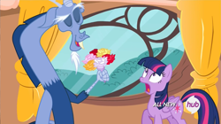 Size: 1601x899 | Tagged: safe, screencap, character:discord, character:twilight sparkle, character:twilight sparkle (alicorn), species:alicorn, species:pegasus, species:pony, episode:three's a crowd, g4, my little pony: friendship is magic, blue flu, bouquet, flower, golden oaks library, race swap, unplugged
