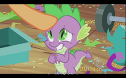 Size: 640x400 | Tagged: safe, screencap, character:applejack, character:spike, episode:secret of my excess, g4, my little pony: friendship is magic, hub logo, youtube caption