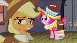 Size: 1920x1080 | Tagged: safe, screencap, character:applejack, character:pinkie pie, species:earth pony, species:pony, episode:hearth's warming eve, g4, my little pony: friendship is magic, angry, annoyed, chancellor puddinghead, female, hub logo, mare, smart cookie, wallpaper