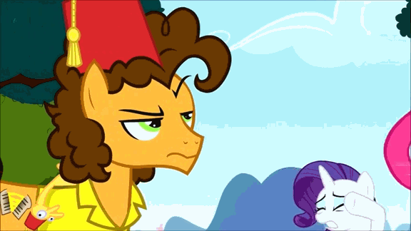 Size: 576x324 | Tagged: safe, screencap, character:boneless, character:cheese sandwich, character:pinkie pie, character:rarity, episode:pinkie pride, g4, my little pony: friendship is magic, 8^y, animated, clothing, fez, hat, rubber chicken