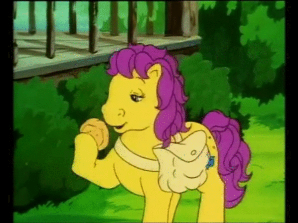 Size: 598x448 | Tagged: safe, screencap, character:bon bon (g1), episode:the tea party, g1, my little pony tales, animated, cookie, sniffing